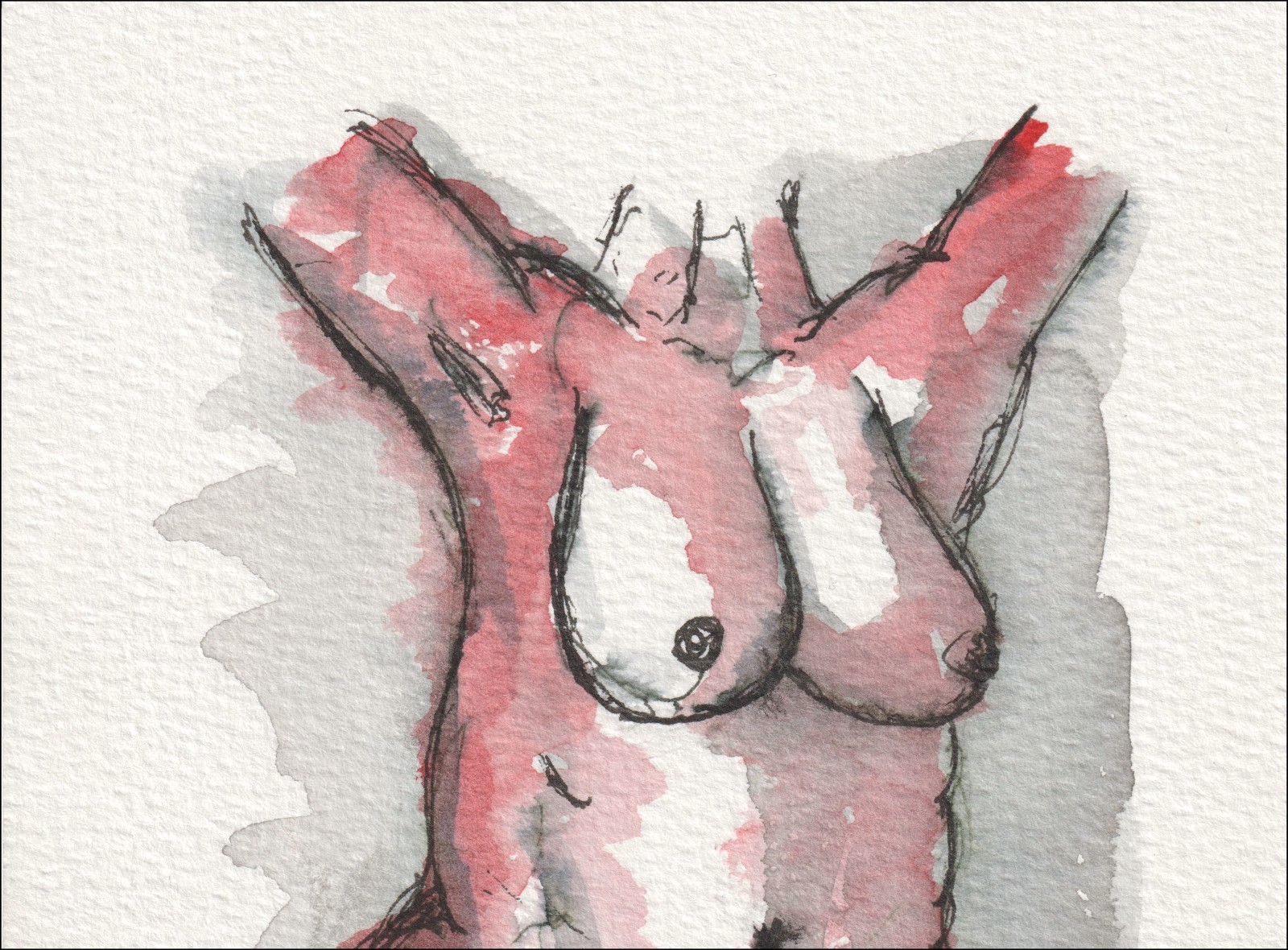 Presented in a front-facing alignment with raised arms, this original wash and ink piece investigates classical figurative structure through a full torso silhouette.