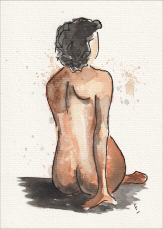 Captured from a rear three-quarter perspective, this original wash and ink work isolates a seated, resting silhouette.