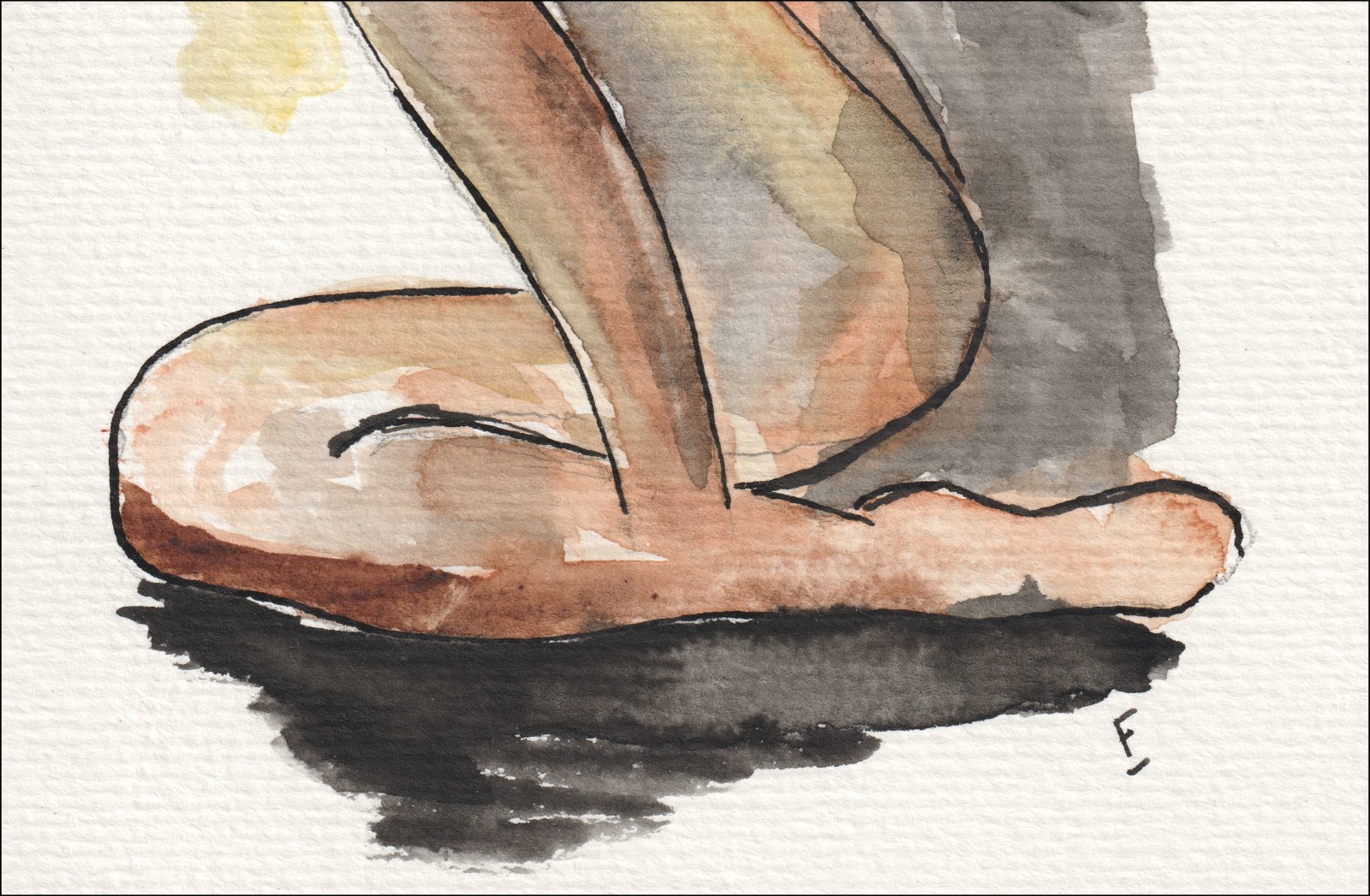 Captured in a seated, kneeling orientation, this original wash and ink piece investigates classical figurative curvature through a complete standalone silhouette.
