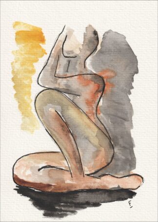 Captured in a seated, kneeling orientation, this original wash and ink piece investigates classical figurative curvature through a complete standalone silhouette.