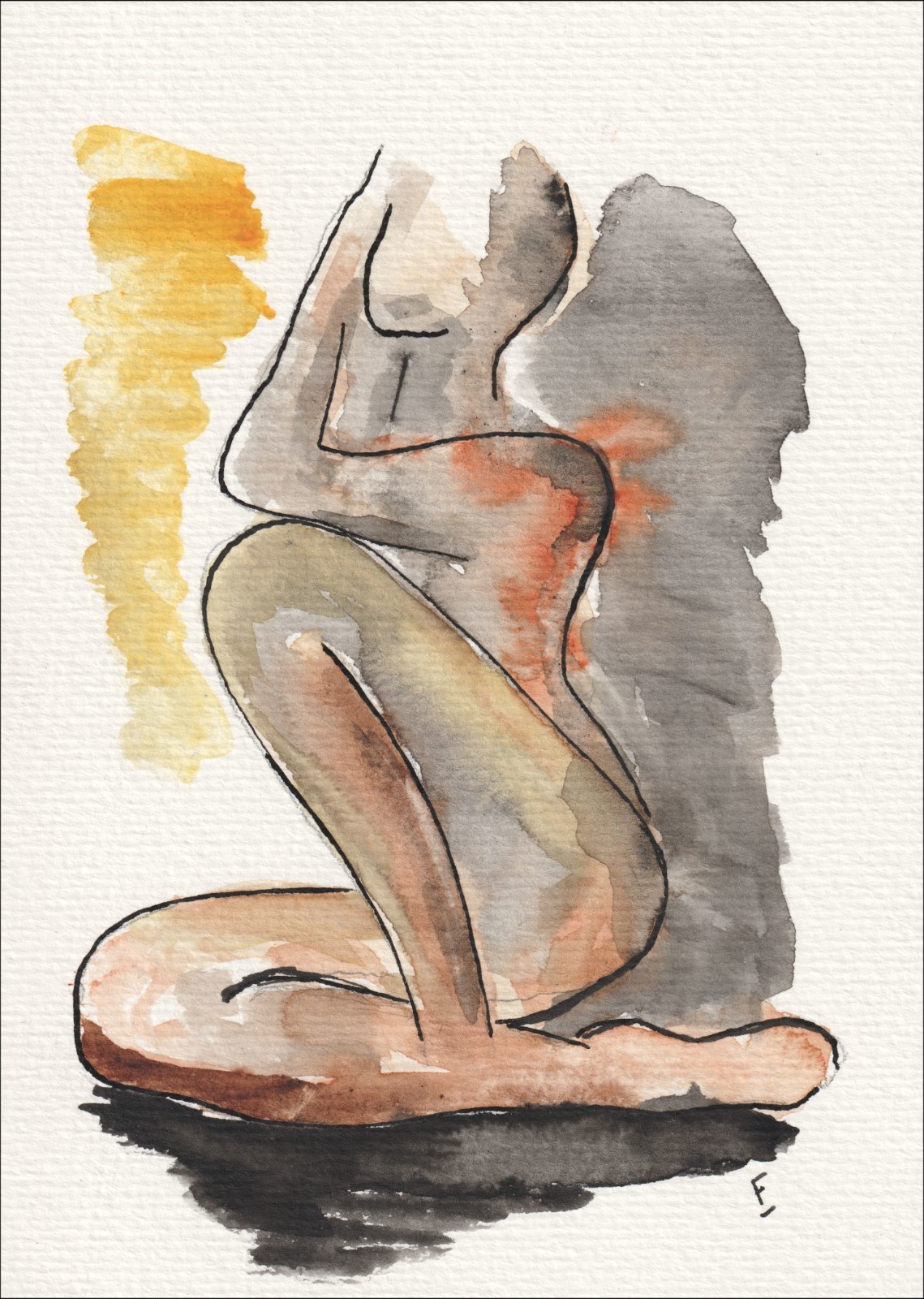 Captured in a seated, kneeling orientation, this original wash and ink piece investigates classical figurative curvature through a complete standalone silhouette.