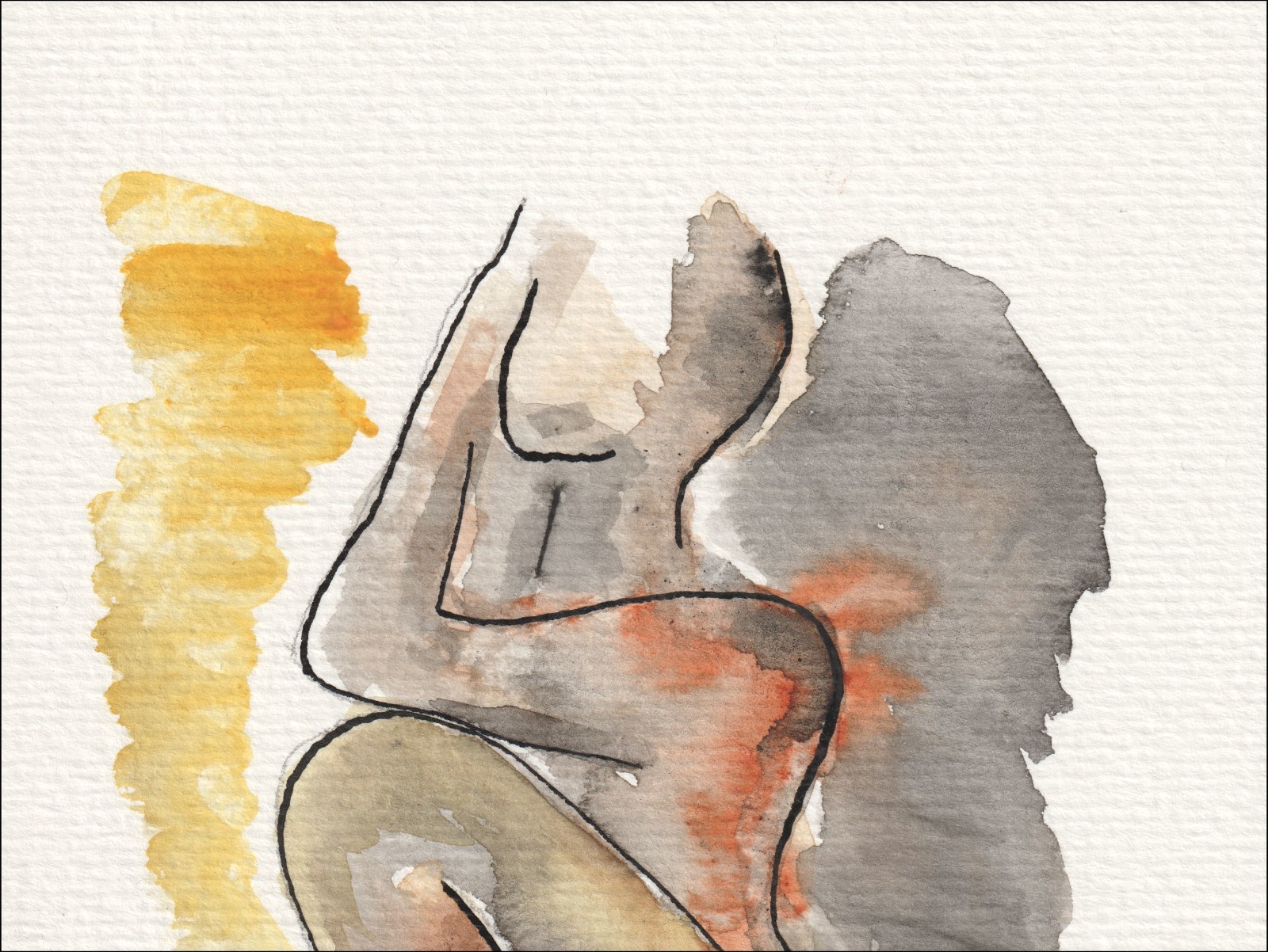 Captured in a seated, kneeling orientation, this original wash and ink piece investigates classical figurative curvature through a complete standalone silhouette.