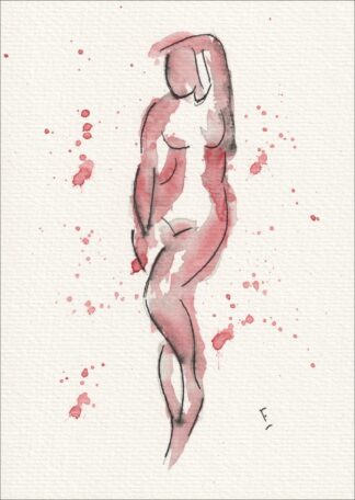 Presented in a standing, full-length orientation with one arm resting overhead, this original wash and ink piece investigates classical figurative curvature through a singular, fluid silhouette.