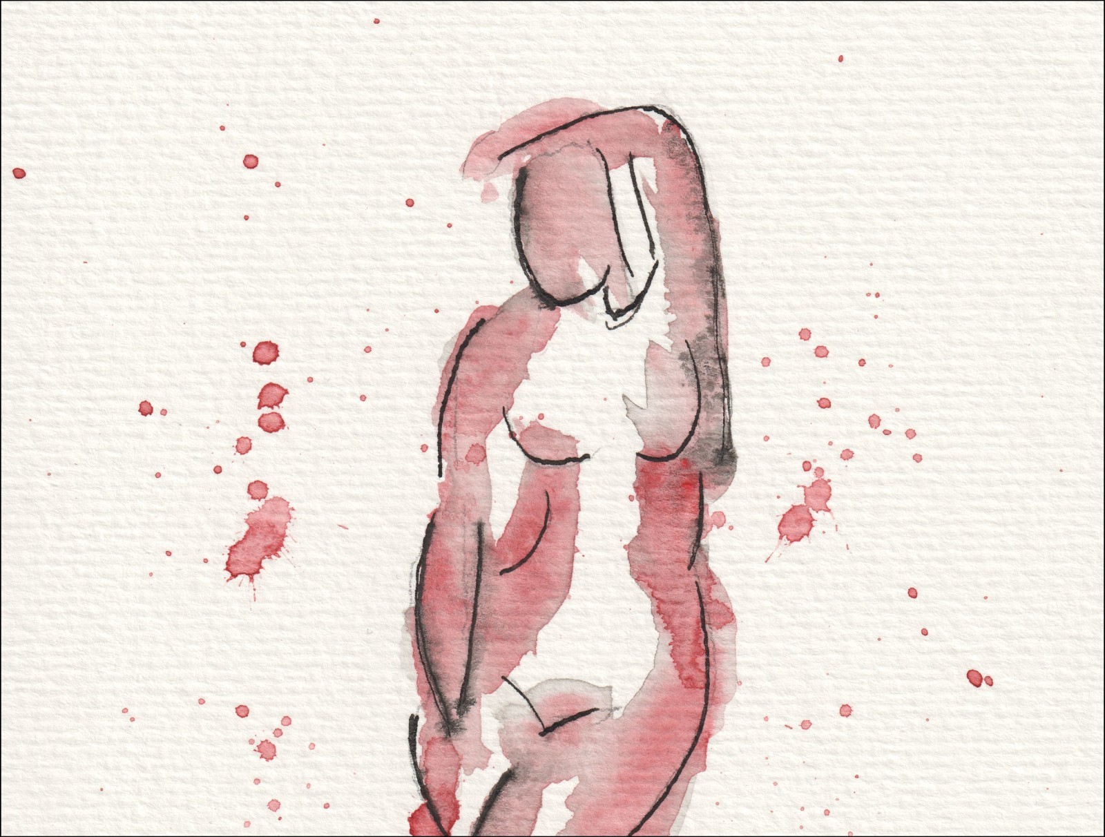 Presented in a standing, full-length orientation with one arm resting overhead, this original wash and ink piece investigates classical figurative curvature through a singular, fluid silhouette.