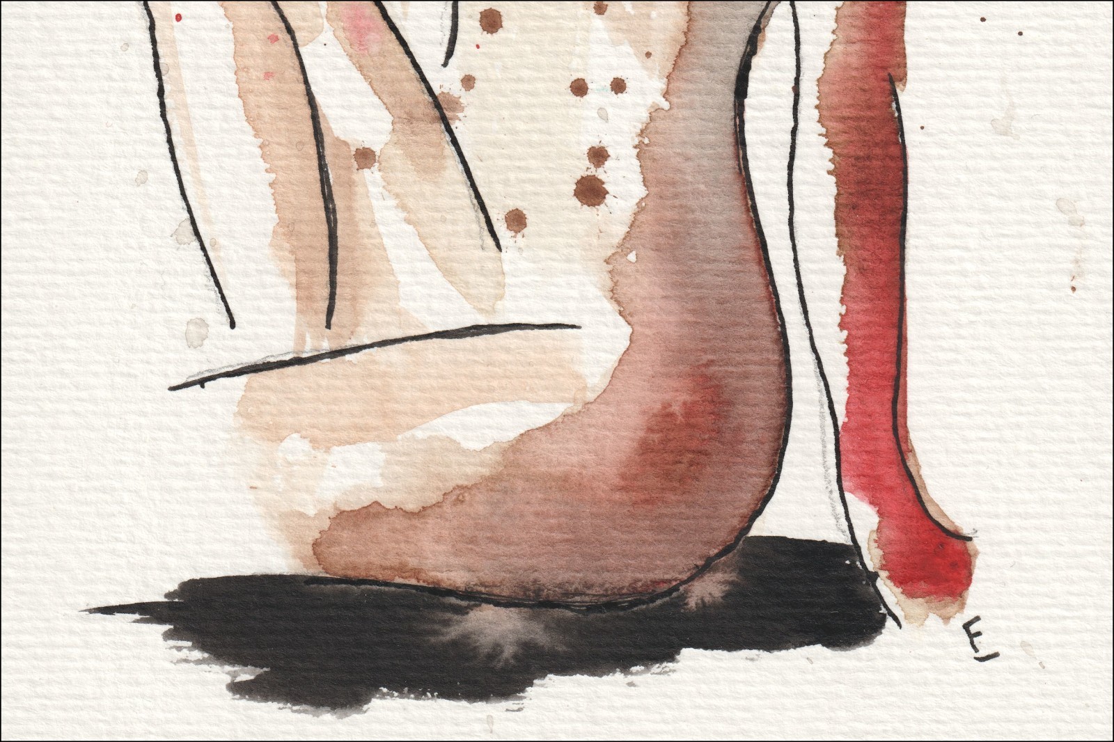 Captured in a seated, front-facing alignment with one knee raised, this original wash and ink piece isolates a complete figurative study.