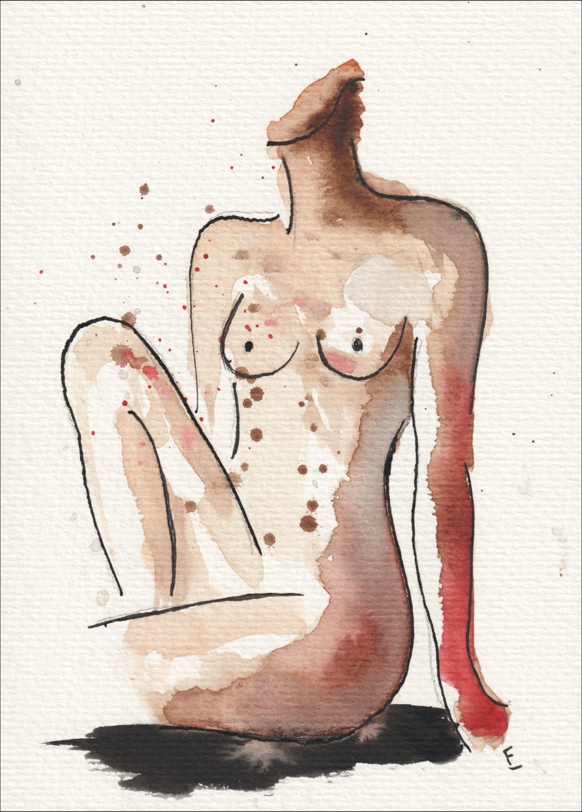 Captured in a seated, front-facing alignment with one knee raised, this original wash and ink piece isolates a complete figurative study.