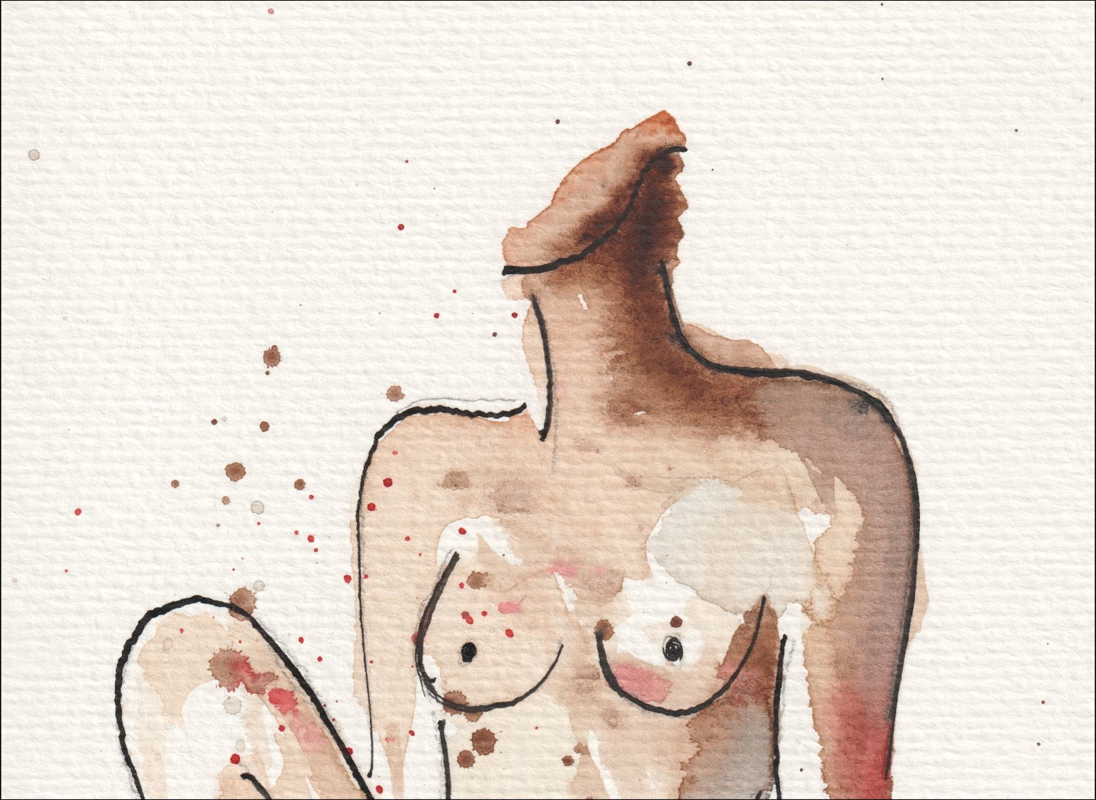 Captured in a seated, front-facing alignment with one knee raised, this original wash and ink piece isolates a complete figurative study.