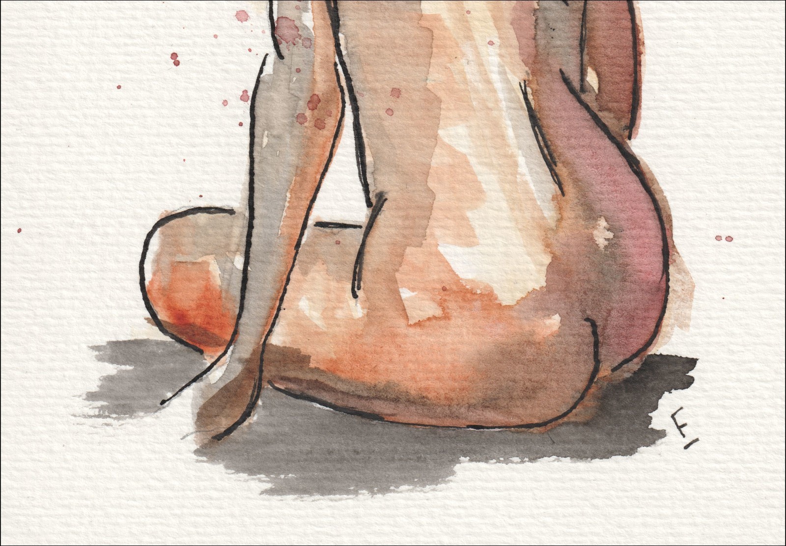 Captured from a seated, rear-facing angle, this original wash and ink piece investigates classical figurative alignment through a singular, resting silhouette.