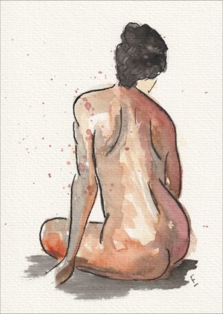 Captured from a seated, rear-facing angle, this original wash and ink piece investigates classical figurative alignment through a singular, resting silhouette.