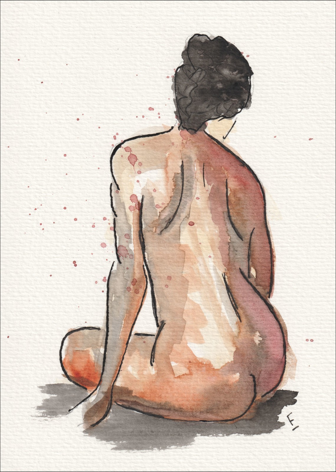 Captured from a seated, rear-facing angle, this original wash and ink piece investigates classical figurative alignment through a singular, resting silhouette.