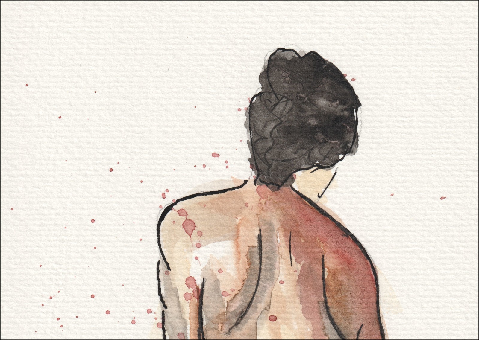 Captured from a seated, rear-facing angle, this original wash and ink piece investigates classical figurative alignment through a singular, resting silhouette.