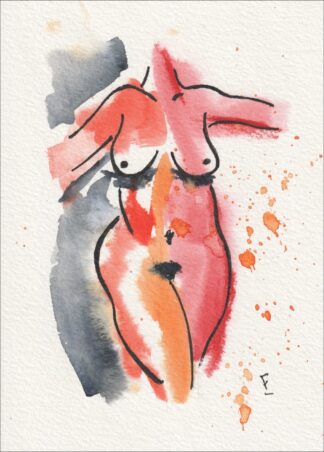 Captured in a striking, frontal orientation, this original wash and ink piece investigates physical presence through an expansive, upright silhouette.