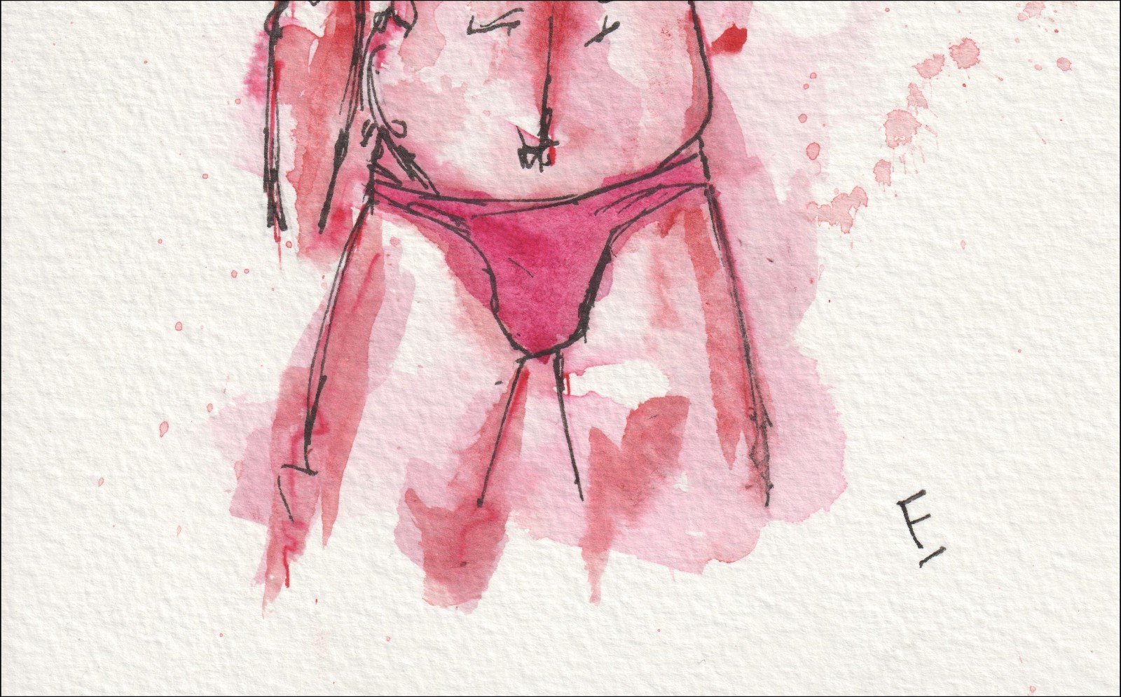 Captured with an asymmetrical posture, this original wash and ink creation focuses on a single torso with one arm raised toward the back of the head.