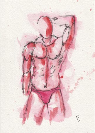 Captured with an asymmetrical posture, this original wash and ink creation focuses on a single torso with one arm raised toward the back of the head.