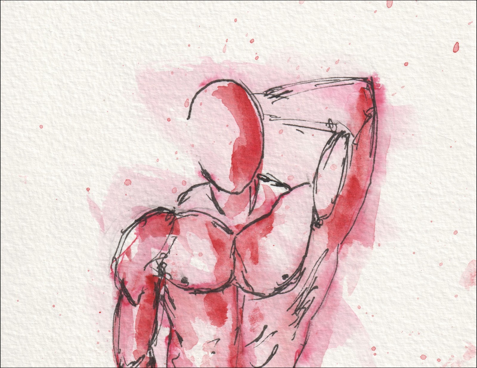 Captured with an asymmetrical posture, this original wash and ink creation focuses on a single torso with one arm raised toward the back of the head.