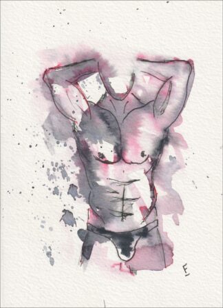 Captured with an active, elevated alignment, this original wash and ink piece investigates physical configuration through a torso with arms raised behind the head.