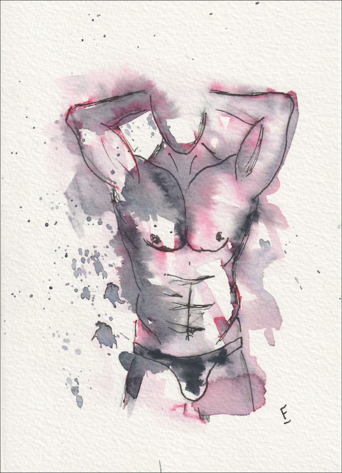 Captured with an active, elevated alignment, this original wash and ink piece investigates physical configuration through a torso with arms raised behind the head.