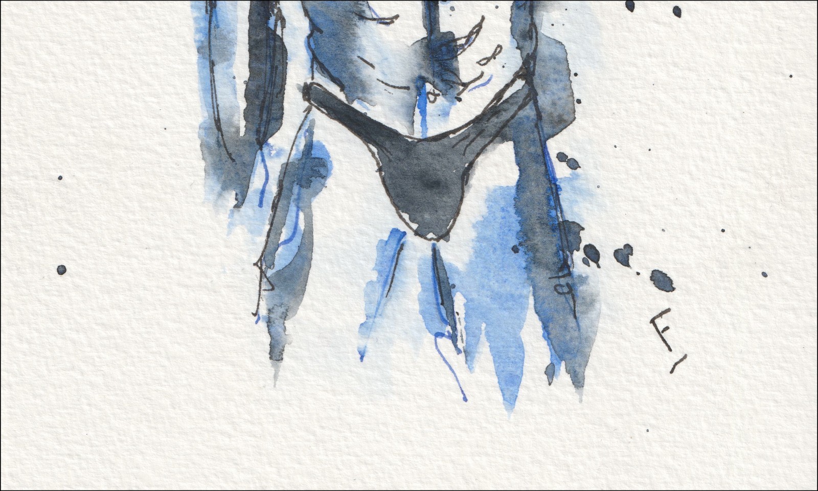 Captured with a dynamic, asymmetrical alignment, this original wash and ink piece investigates anatomical posture through a singular torso with a raised arm.