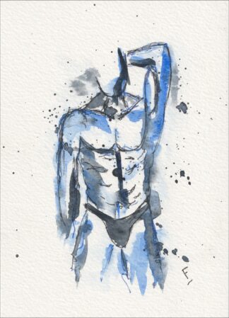 Captured with a dynamic, asymmetrical alignment, this original wash and ink piece investigates anatomical posture through a singular torso with a raised arm.