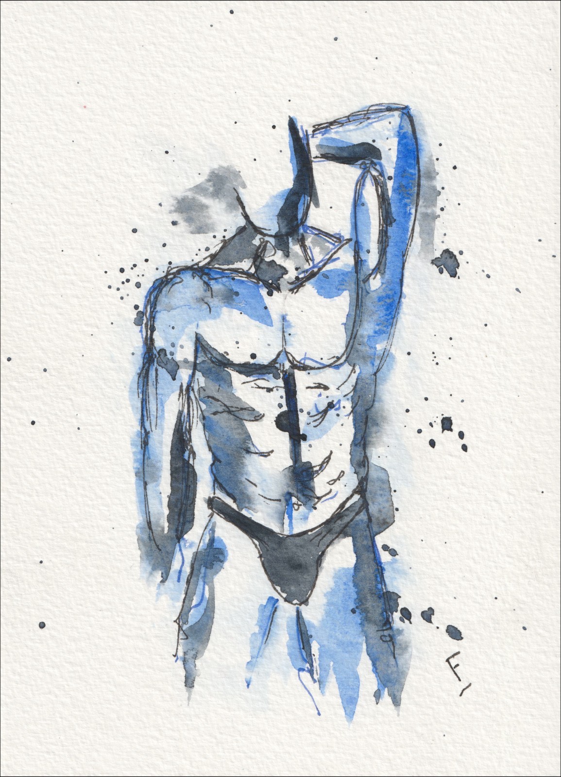 Captured with a dynamic, asymmetrical alignment, this original wash and ink piece investigates anatomical posture through a singular torso with a raised arm.