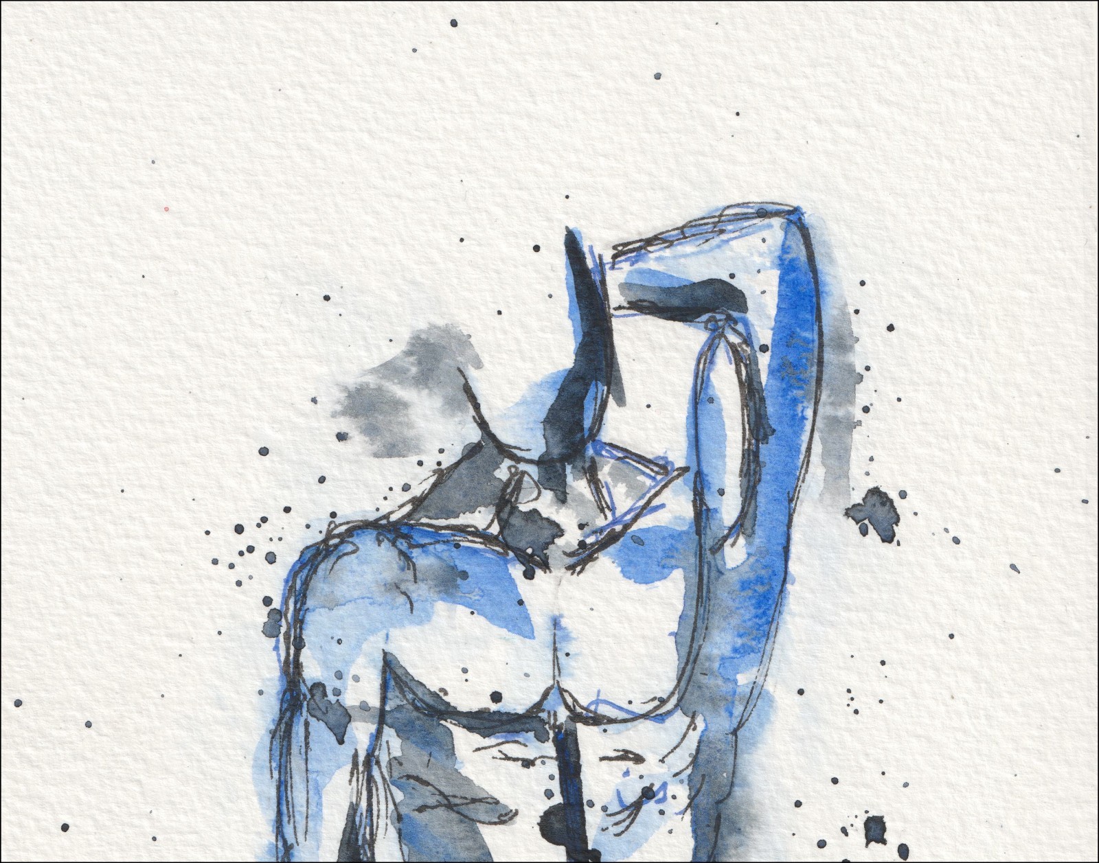 Captured with a dynamic, asymmetrical alignment, this original wash and ink piece investigates anatomical posture through a singular torso with a raised arm.
