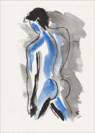 Captured from a clear, rear-facing orientation, this original wash and ink piece investigates linear alignment through a singular, standalone silhouette.