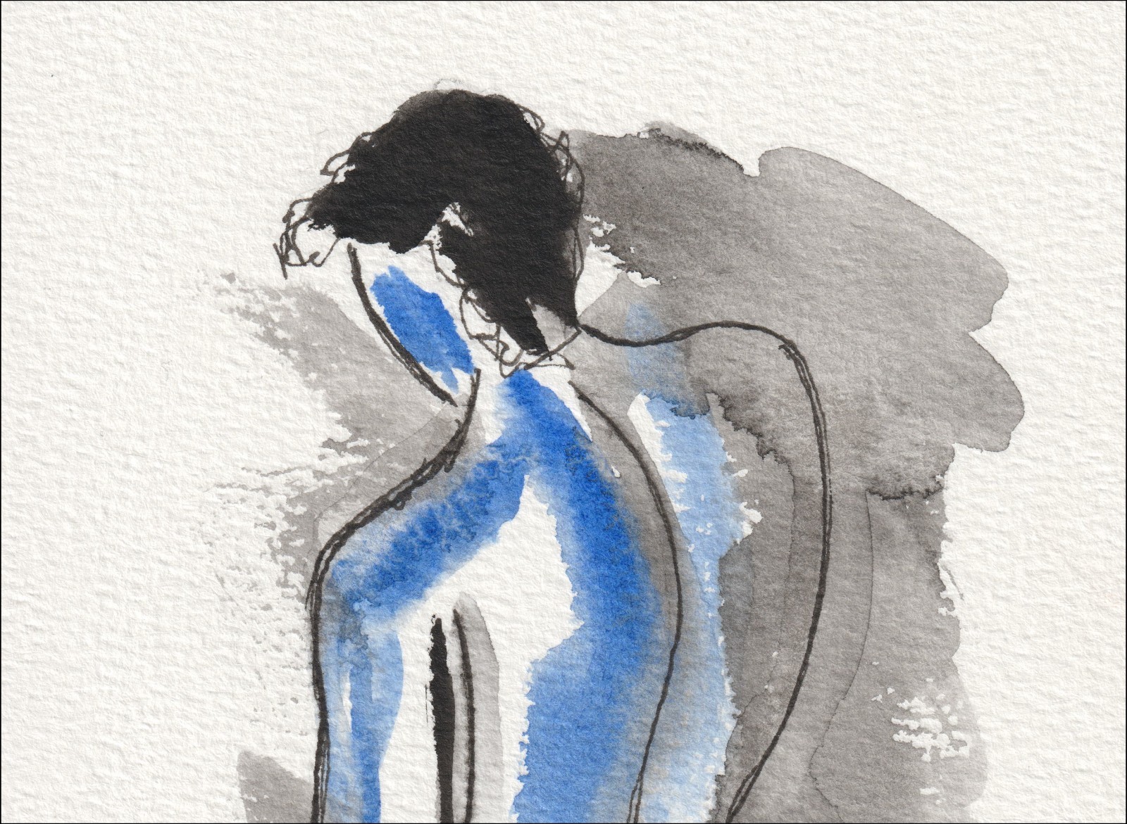Captured from a clear, rear-facing orientation, this original wash and ink piece investigates linear alignment through a singular, standalone silhouette.
