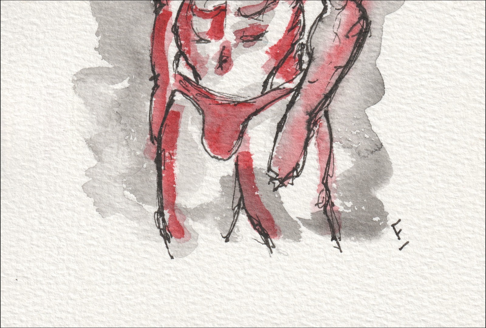 Presented in a grounded, forward-facing posture, this original wash and ink creation isolates an anatomical study through an upright torso.