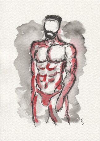 Presented in a grounded, forward-facing posture, this original wash and ink creation isolates an anatomical study through an upright torso.