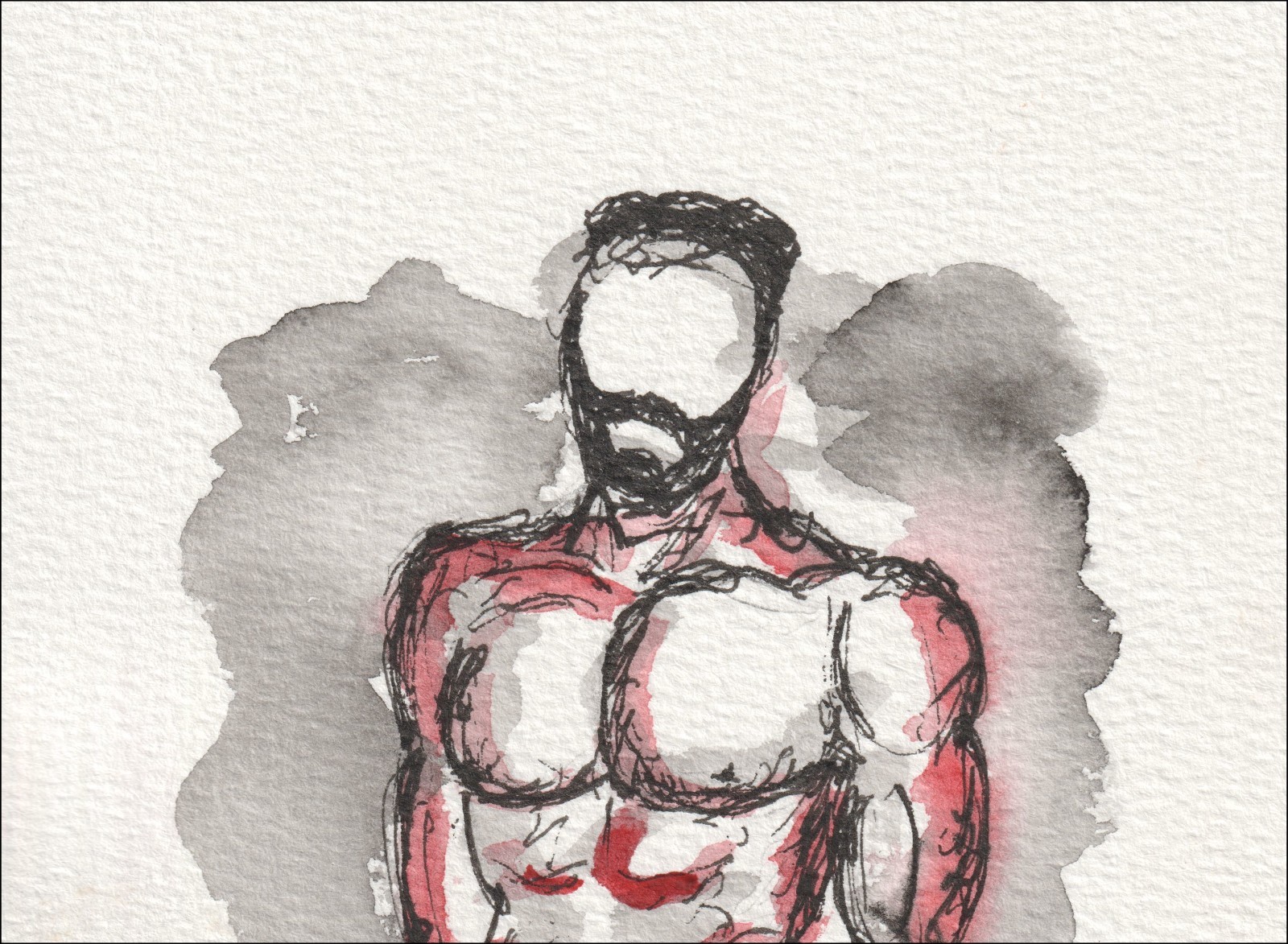 Presented in a grounded, forward-facing posture, this original wash and ink creation isolates an anatomical study through an upright torso.