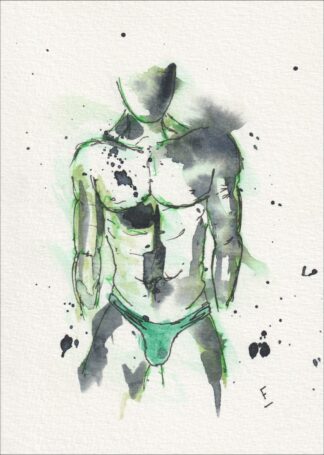 Presented in a direct, forward-facing orientation, this original wash and ink piece investigates structural form through an upright torso.
