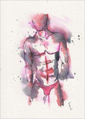 Presented in a direct, forward-oriented posture, this original mixed-media piece examines anatomical alignment through an upright torso.