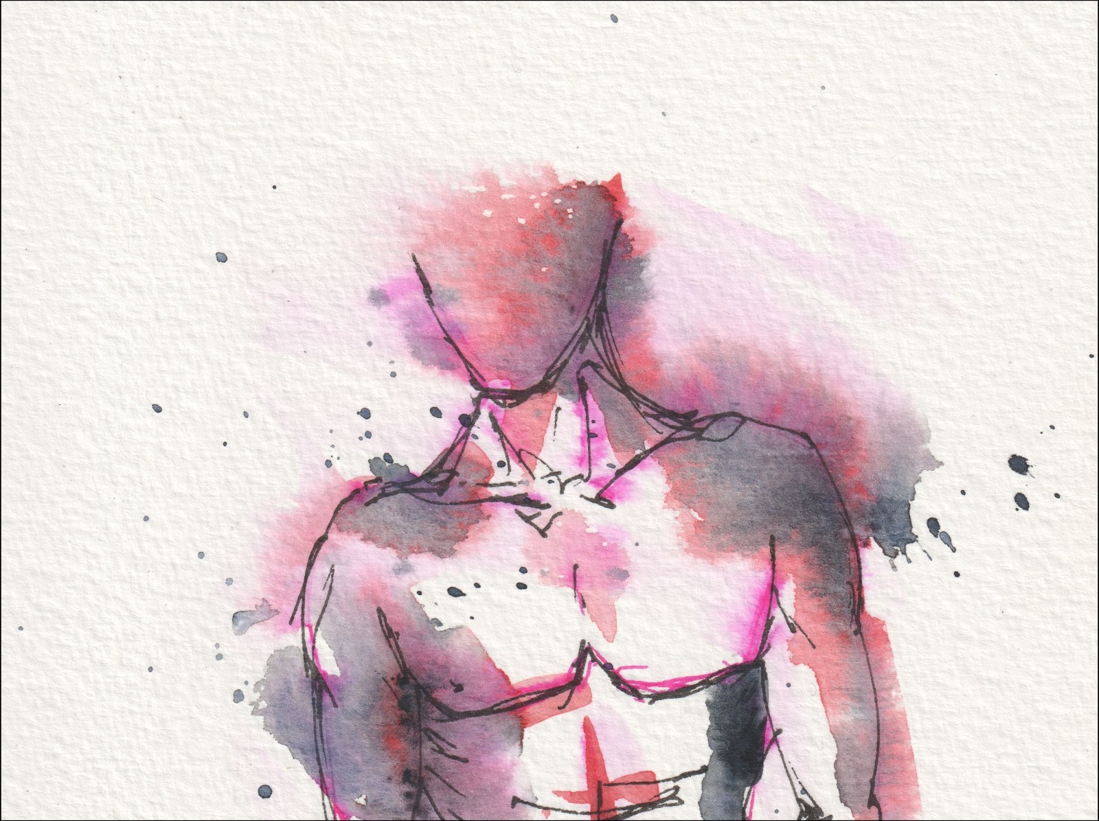 Presented in a direct, forward-oriented posture, this original mixed-media piece examines anatomical alignment through an upright torso.