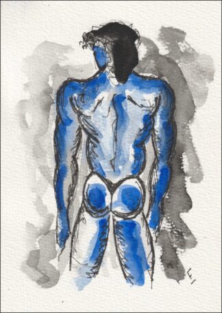 Captured from a direct, back-facing orientation, this original wash and ink piece investigates muscular alignment through a single, full-length silhouette.
