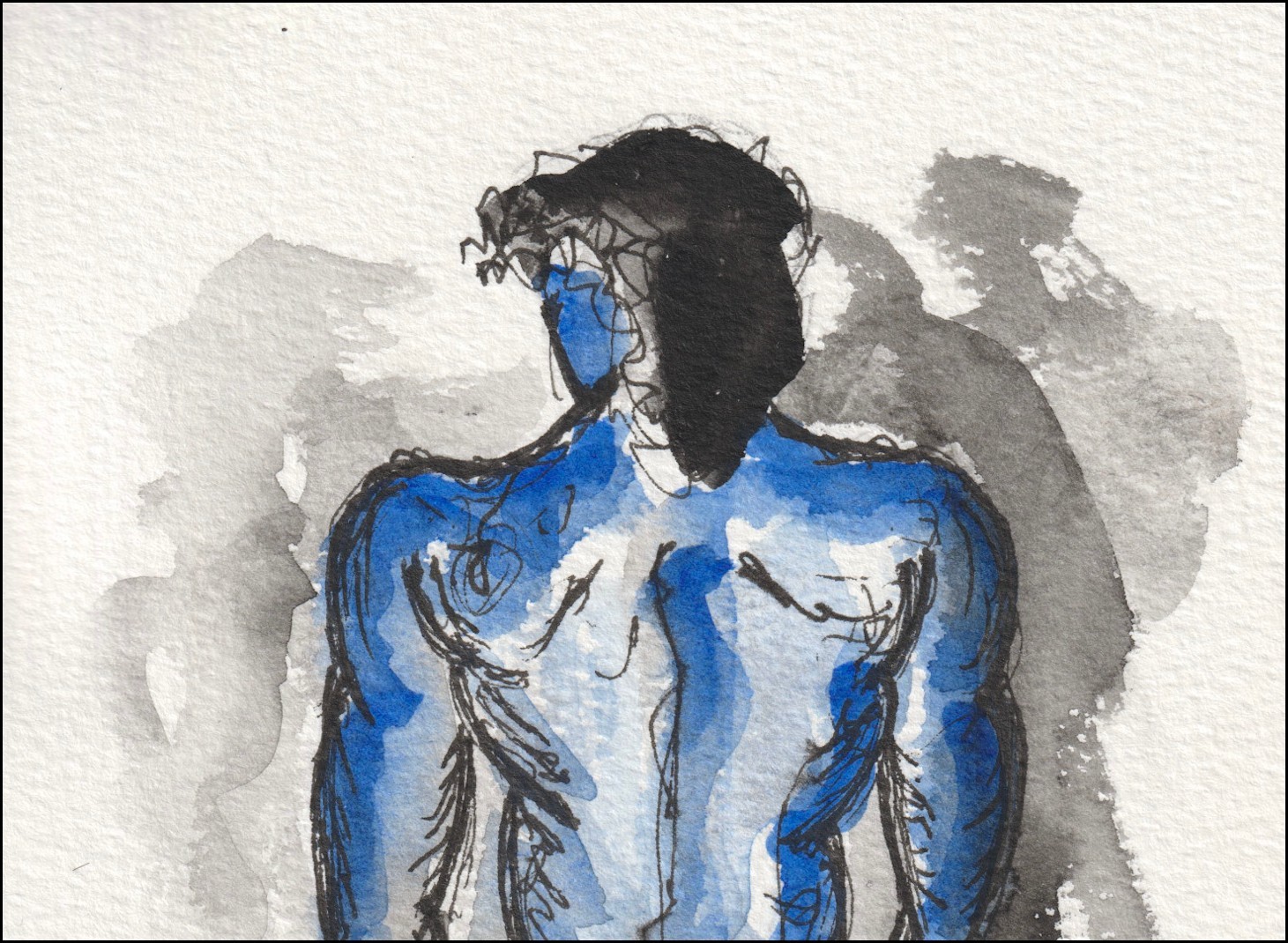 Captured from a direct, back-facing orientation, this original wash and ink piece investigates muscular alignment through a single, full-length silhouette.