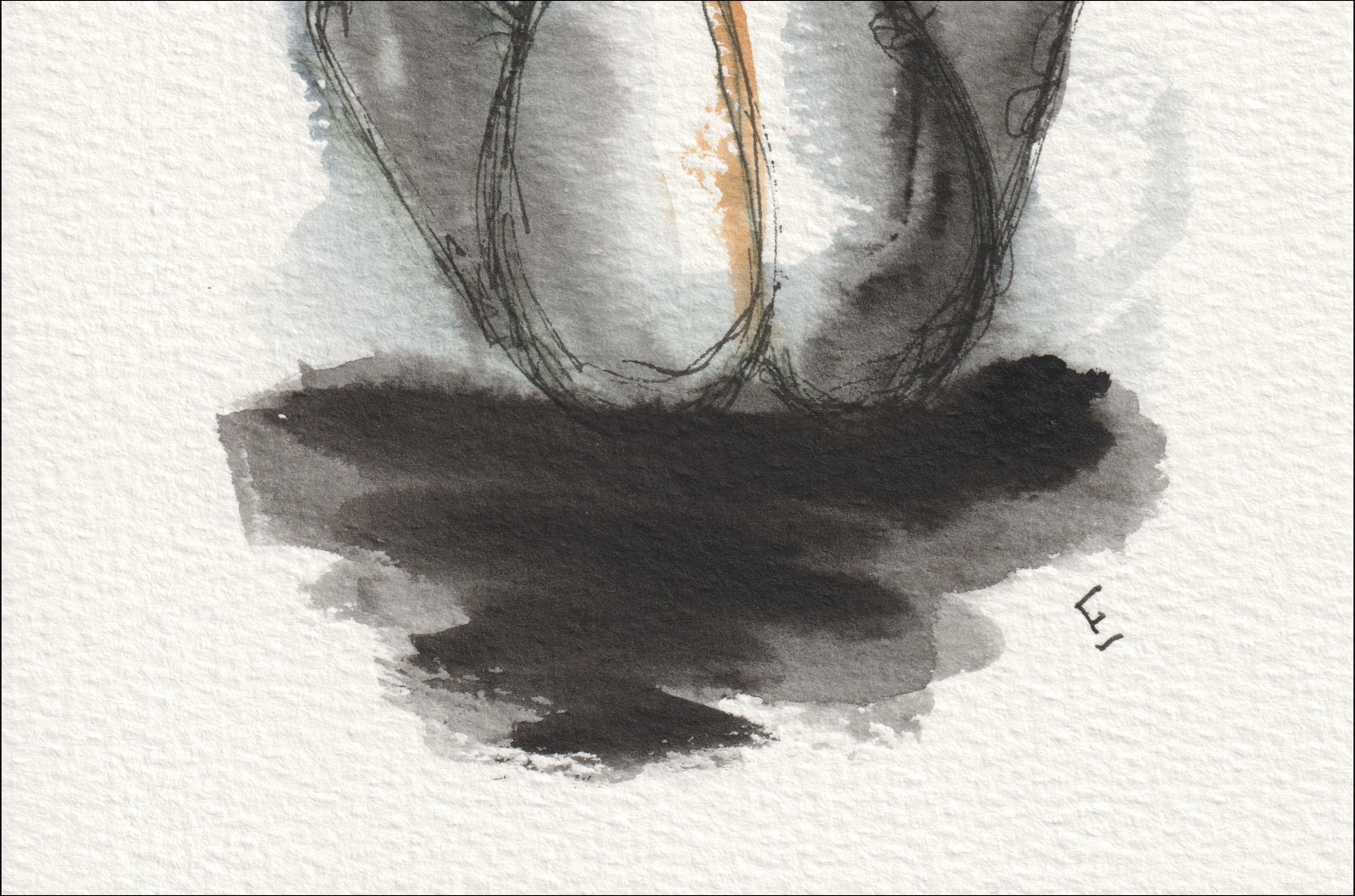Captured in an intimate, rear-facing alignment, this original wash and ink work examines physical architecture through a centered, seated profile.
