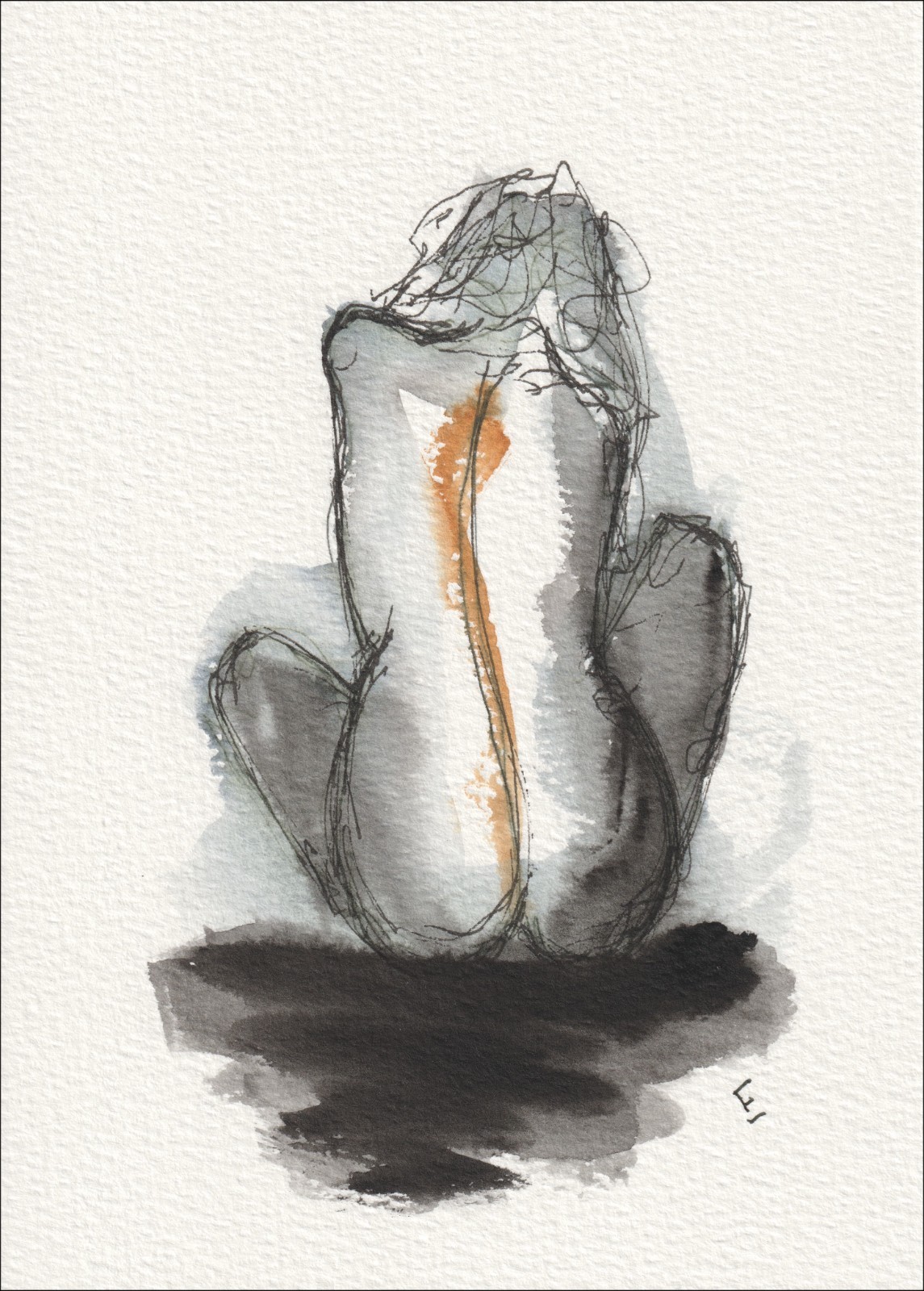 Captured in an intimate, rear-facing alignment, this original wash and ink work examines physical architecture through a centered, seated profile.