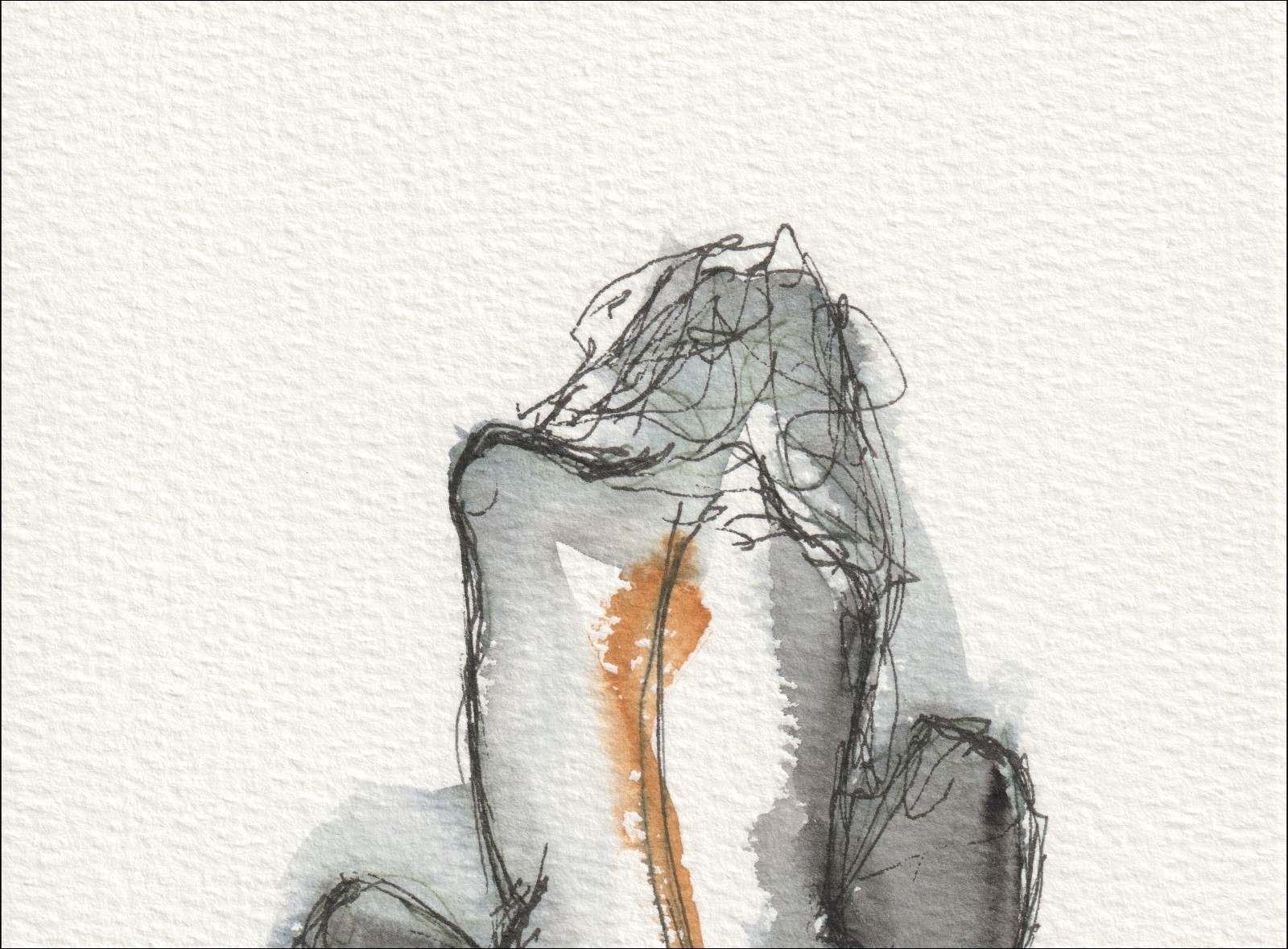 Captured in an intimate, rear-facing alignment, this original wash and ink work examines physical architecture through a centered, seated profile.