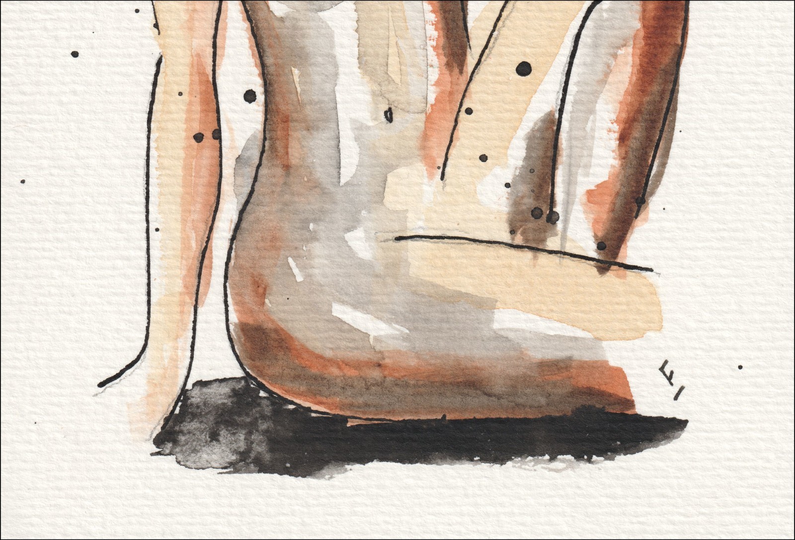 Anchored by a dense, horizontal baseline of deep charcoal pigment, this original wash and ink piece examines physical volume through a stable, seated alignment.