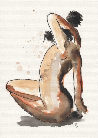 Captured in an expressive, sweeping profile, this original wash and ink piece explores physical dynamics through a fluid, kneeling alignment.